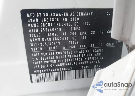 2015 Volkswagen Tiguan R-Line из США, поврежденный, VIN WVGAV7AX4FW566223